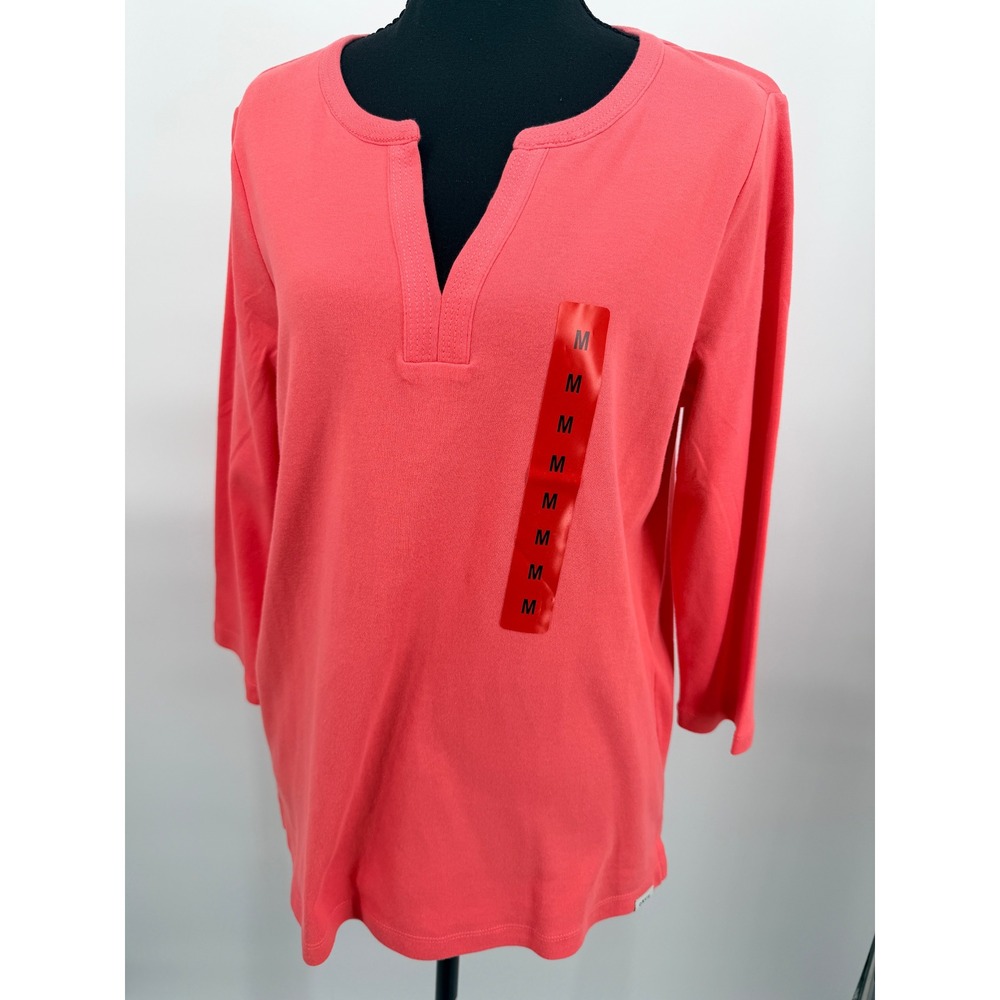 Orvis Split Neck Top Women Medium Coral NWT Pima Cotton 3/4 Sleeve 1673221